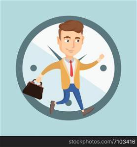 Busy caucasian business man running on the background with clock. Young busy business man in a hurry. Concept of deadline and busy time. Vector flat design illustration. Square layout.. Business man running on clock background.