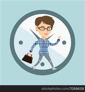 Busy caucasian employee running on the background of clock. Young busy business woman walking in a hurry. Concept of deadline and busy time. Vector cartoon illustration. Square layout.. Caucasian employee running on clock background.