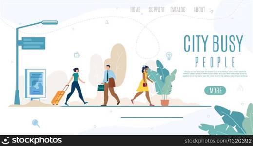 Busy City People, Daily Life Time Management Online Service Flat Vector Web Banner, Landing Page Template with Man and Woman Walking on Sidewalk, Citizens Hurrying in Business with Bags Illustration