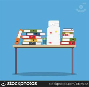 Busy cluttered office table. Hard work. Office interior with books, folders, papers on table. Vector illustration in flat style. Busy cluttered office table.