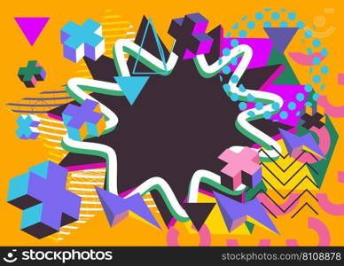 Busy explosion geometric shapes background. Abstract vintage random geometry template. Simple vibrant colors geometrical graphic art poster. 