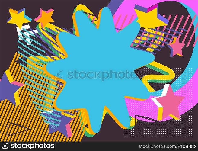Busy explosion geometric shapes background. Abstract vintage random geometry template. Simple vibrant colors geometrical graphic art poster. 