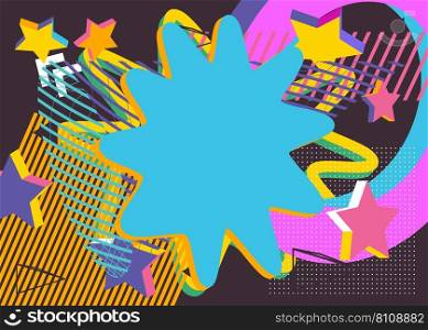 Busy explosion geometric shapes background. Abstract vintage random geometry template. Simple vibrant colors geometrical graphic art poster. 
