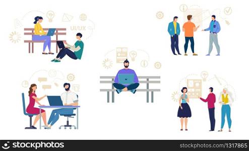 Busy Freelancers, Programmers, IT Specialists Cartoon Set. Men and Women Working on Laptop, Brainstorming, Sharing Ideas, Creation New Projects, Developing Interfaces. Vector Flat Illustration. Busy Freelancers and IT Specialists Cartoon Set