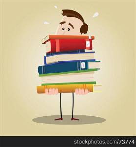 Busy Librarian. Illustration of a busy librarian holding a weighty pile of books