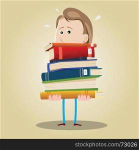Busy Librarian Woman. Illustration of a busy librarian holding a weighty pile of books