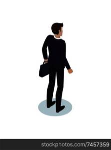 Busy man with case or diplomat in hands office worker representative. Director or administrator vector isometric businessman back view model form.. Director Businessman Workman in Formal Suit Icon