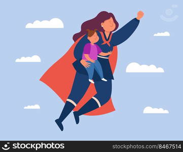 Busy mom dressed as superhero flying with daughter. Happy young mother holding girl, hero costume flat vector illustration. Family, motherhood concept for banner, website design or landing web page