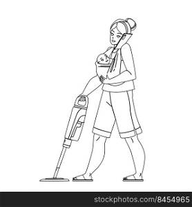 Busy Mother Housekeeping And Communicate Vector. Young Busy Mother Holding Toddler Baby, Cleaning Floor With Vacuum Cleaner And Talking On Mobile Phone. Character black line illustration. Busy Mother Housekeeping And Communicate Vector
