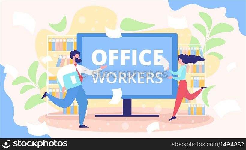 Busy Office Workers, Hurrying Company Employees, Active Businesspeople, Project Deadline, Business Time Management Flat Vector Concept. Running Female, Male Entrepreneurs with Documents Illustration