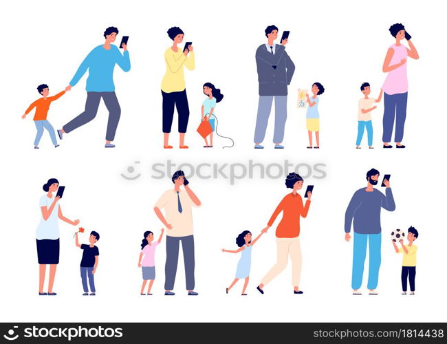 Busy parents. Social stress, children need mother father care. Frustration, cartoon adults have gadget addiction problems utter vector set. Illustration exhausted parenting, busy mom and dad. Busy parents. Social stress, children need mother father care. Frustration, cartoon adults have gadget addiction problems utter vector set