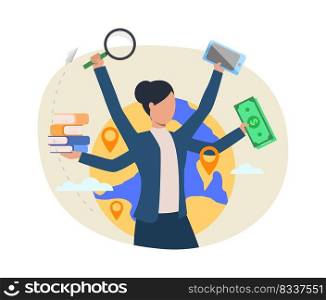 Busy professional vector illustration. Businesswoman holding money, books, magnifying glass, smartphone. Multitasking concept. Vector illustration for topics like business, lifestyle, stress
