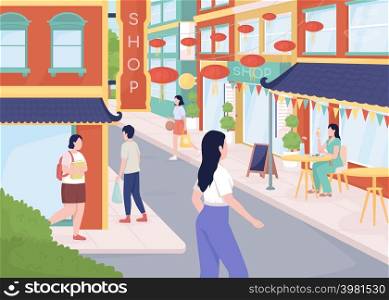 Busy street in Chinatown lat color vector illustration. Chinese community. People visiting restaurants and shops 2D simple cartoon characters with cityscape on background. Comfortaa font used. Busy street in Chinatown flat color vector illustration