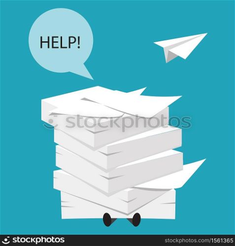 Busy time, stress at work concept. Vector. Overworked businessman under a paper pile, documents. Holding a HELP placard. . Overworked businessman under a paper pile, documents. Holding a HELP placard. Busy time, stress at work concept. Vector