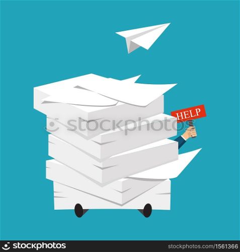 Busy time, stress at work concept. Vector. Overworked businessman under a paper pile, documents. Holding a HELP placard. . Overworked businessman under a paper pile, documents. Holding a HELP placard. Busy time, stress at work concept. Vector