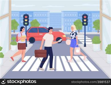 Busy town flat color vector illustration. Modern urban lifestyle. Public area. Busiest crosswalk. Pedestrians crossing road 2D simple cartoon characters with cityscape on background. Busy town flat color vector illustration