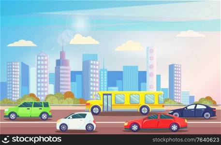 Busy traffic road with colorful cars and with office building, skyscrapers on background. Yellow bus, public transport. Vehicles on street vector illustration. Busy Traffic Road with Colorful Cars Cityscape Vector