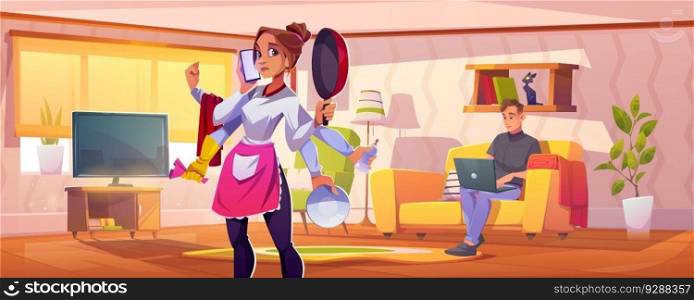 Busy woman housewife tired cartoon vector illustration. Wife cleaning house work with glove and cooking while man sitting with laptop in living room. Sad female super hero shiva holding pan and tool. Busy woman housewife tired cartoon illustration