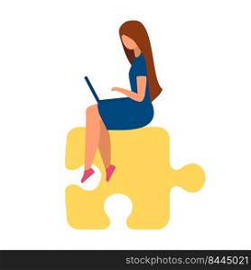 Busy woman with laptop sitting on puzzle piece semi flat color vector character. Sitting figure. Full body person on white. Simple cartoon style illustration for web graphic design and animation. Busy woman with laptop sitting on puzzle piece semi flat color vector character