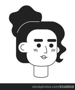 Busy young adult businesswoman with messy bun hair monochrome flat linear character head. Editable outline hand drawn human face icon. 2D cartoon spot vector avatar illustration for animation. Busy young adult businesswoman with messy bun hair monochrome flat linear character head