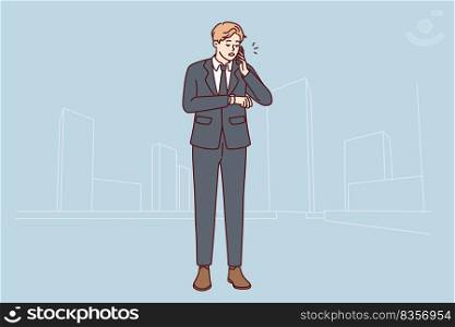 Busy young businessman talk on cellphone check time on wristwatch. Male employee or boss have mobile call with client or partner. Vector illustration. . Businessman talk on cellphone check time on clock