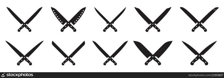 Butcher and bbq knifes. Chef icon. Crossed logo of knives for kitchen, butchery and grill. Silhouette of cleaver. Symbol of cooking, dining and barbecue. Restaurant logotype. Vector.