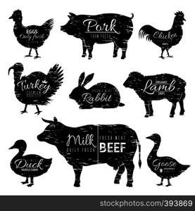 Butcher animals logo. Chicken goat turkey cow pig sheep silhouettes, farm animal butchery shop. Vector vintage isolated black silhouette logos on white background. Butcher animals logo. Chicken goat turkey cow pig sheep silhouettes, farm animal butchery shop. Vector vintage black logos