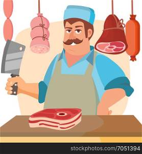 Butcher Character Vector. Classic Professional Butcher Man With Knife. For Steak, Meat Market, Storeroom Advertising Concept. Cartoon Isolated Illustration.. Happy Butcher Vector. Standing Butcher Man With Knife. Natural Meat. For Steak, Meat Market, Storeroom Advertising Concept. Cartoon Isolated Illustration.