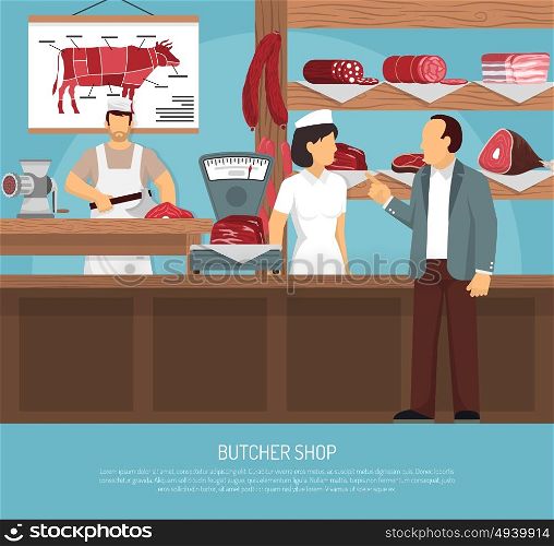 Butcher Meat Shop Flat Poster. Butcher shop with retro scales meat charts sausages and customer buying beef loin cut flat vector illustration