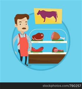 Butcher offering meat at display in butchery. Butcher at work at the counter in butchery. Caucasian man proud of his butcher shop. Vector flat design illustration in the circle isolated on background.. Butcher offering fresh meat in butchershop.