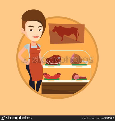 Butcher offering meat in butchery. Butcher at work at the counter in butchery. Butcher standing on the background of storefront. Vector flat design illustration in the circle isolated on background.. Butcher offering fresh meat in butchershop.
