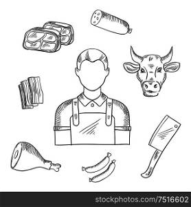 Butcher profession icons for butcher shop and farm market. Man in long waist apron, sausages and bacon, fresh tenderloin and pork leg, cow head and big cleaver knife. Butcher proffesion and meat icons