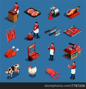 Butcher shop butchery isometric set of isolated icons with farm animals human characters and semifinished meat vector illustration. Meat Market Icon Set