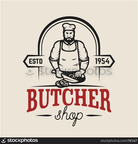 Butcher shop. Design element for logo, label, emblem, sign, poster. Vector illustration