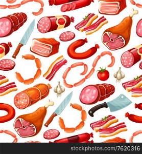 Butcher shop farm meat and natural sausages seamless pattern. Vector background of butchery meat gastronomy, salami sausage, beef steak and pork ham, mutton ribs and cooking spices pattern. Butchery meat food, butcher sausages pattern