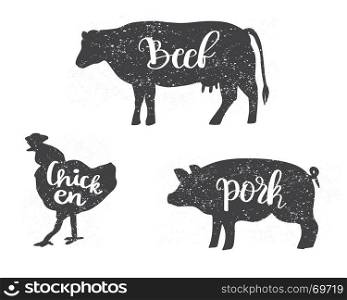 butcher shop icons. Chicken, Cow and Pig silhouettes with lettering text Beef, Chicken, Pork. Can be used for menu, butcher shop, restaurant