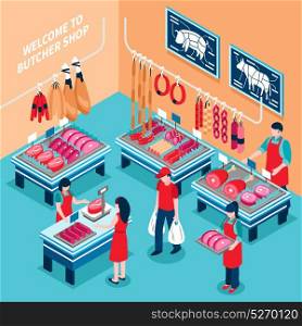 Butcher Shop Inside Isometric Illustration. Butcher shop inside isometric design including desks with meat products and prices sellers and customers vector illustration
