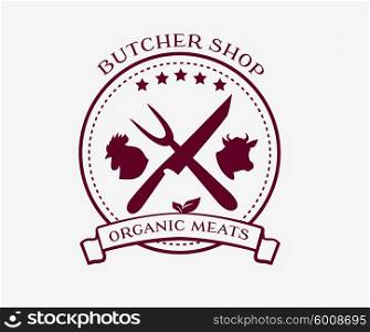 Butcher shop logo design elements, labels and badges in vintage style. Butcher shop logo, meat label template. Idea of logo for butcher shop and farm market. Meat label, fresh meat stamp. Organic meat