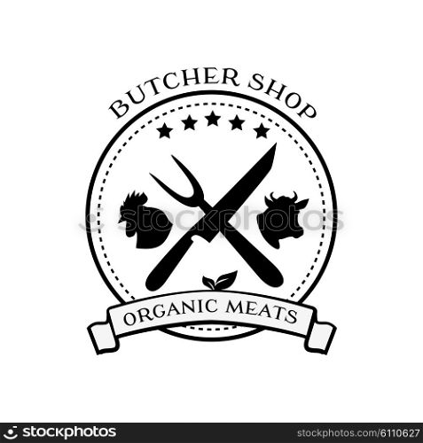 Butcher shop logo design elements, labels and badges in vintage style. Butcher shop logo, meat label template. Idea of logo for butcher shop and farm market. Meat label, fresh meat stamp. Organic meat