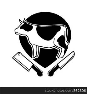 Butcher shop logo template of cow and cutlery knife. Butchery vector isolated icon of cow and hatchet ax for organic farm butchery or grocery product store. Butcher shop vector cow or pork and cutlery knife icon