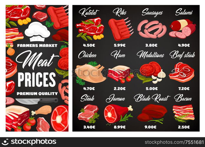 Butcher shop meat and sausages price menu, farm market butchery food products. Vector butcher gastronomy kotelets, mutton ribs and salami sausage, chicken poultry and beef steak, ham and pork bacon. Butcher meat and sausages, butchery shop menu