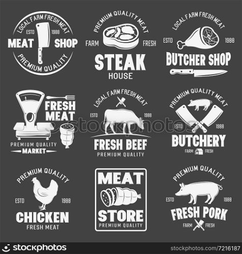 Butcher shop monochrome emblems with farm animals and meat fresh products on black background isolated vector illustration. Butcher Shop Monochrome Emblems