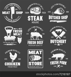 Butcher shop monochrome emblems with farm animals and meat fresh products on black background isolated vector illustration. Butcher Shop Monochrome Emblems