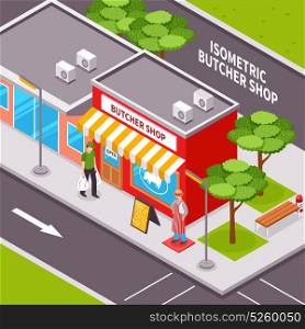 Butcher Shop Outside Isometric Design. Butcher shop outside isometric design with advertising striped awning passing man road infrastructure and trees vector illustration