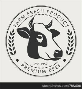 Butcher shop sign with silhouette of cow, premium beef label, typographic badge and design element. Butcher shop sign premium beef label