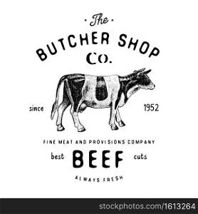 Butcher Shop vintage emblem beef meat products, butchery Logo template retro style. Vintage Design for Logotype, Label, Badge and brand design. vector illustration isolated on white.. Butcher Shop vintage emblem beef meat products, butchery Logo template retro style. Vintage Design for Logotype, Label, Badge and brand design. vector illustration isolated on white