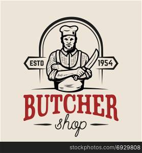 Butcher with knife. Design element for emblem, sign, label, poster. Vector illustration