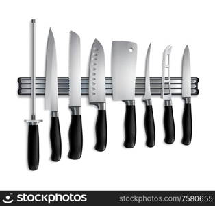 Butchers knives set on magnetic holder closeup realistic image with cleaver chopper steel sharpening rod vector illustration