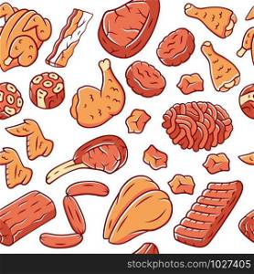 Butchers meat vector seamless pattern. Pork, beef, poultry background. White texture, hand drawn color icons. Meat production and sale. Butchery business wrapping paper, wallpaper design