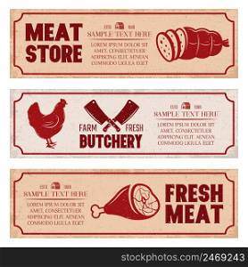Butchery horizontal banners set including poultry meat store and fresh products on texture backgrounds isolated vector illustration. Butchery Horizontal Banners Set